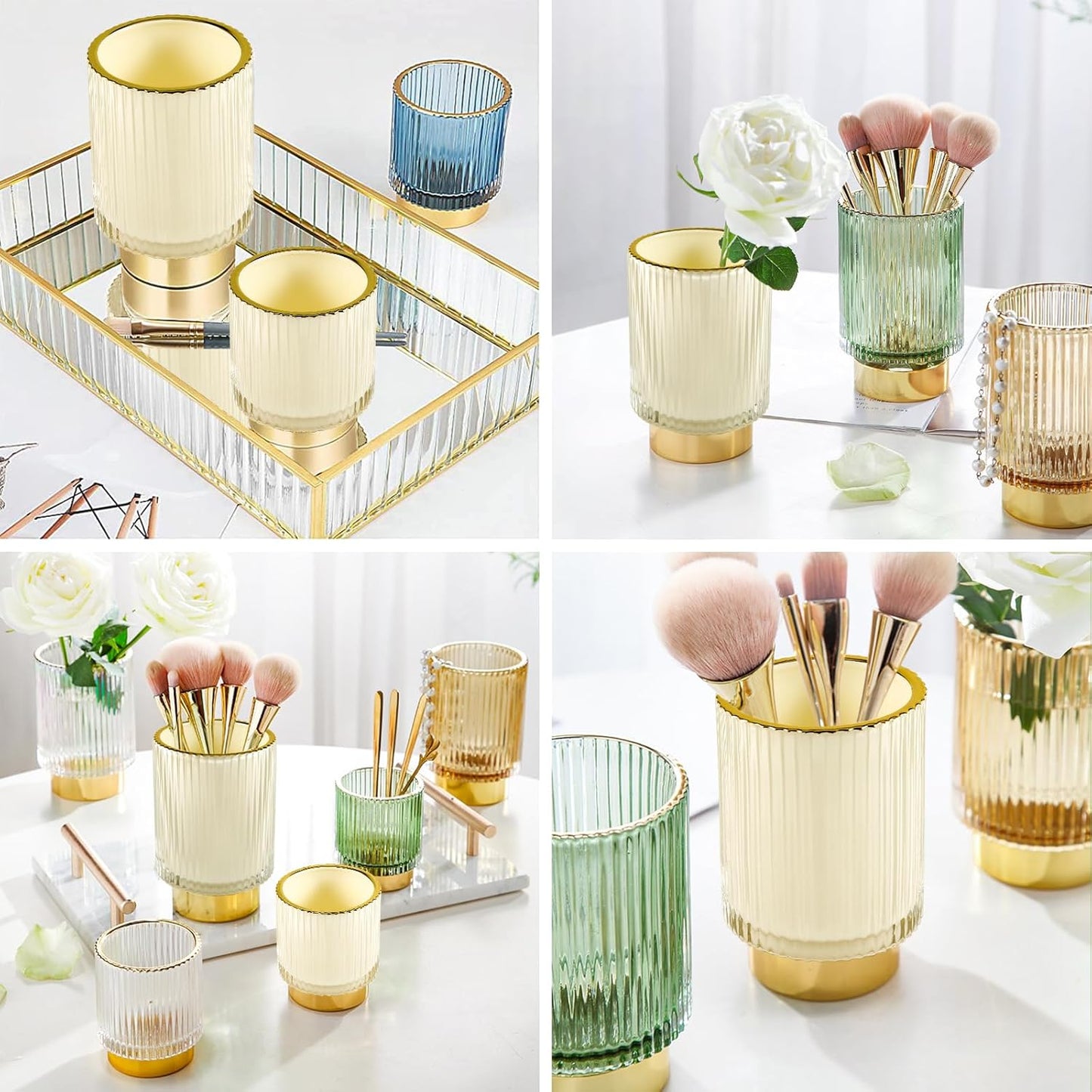 DASITON Makeup Brush holder Organizer,Crystal Cosmetic Makeup Brush Glass Brushes Storage Holder, Vintage Make Up Brush Cup Pen Pencil Holder striped vase(Cream L)