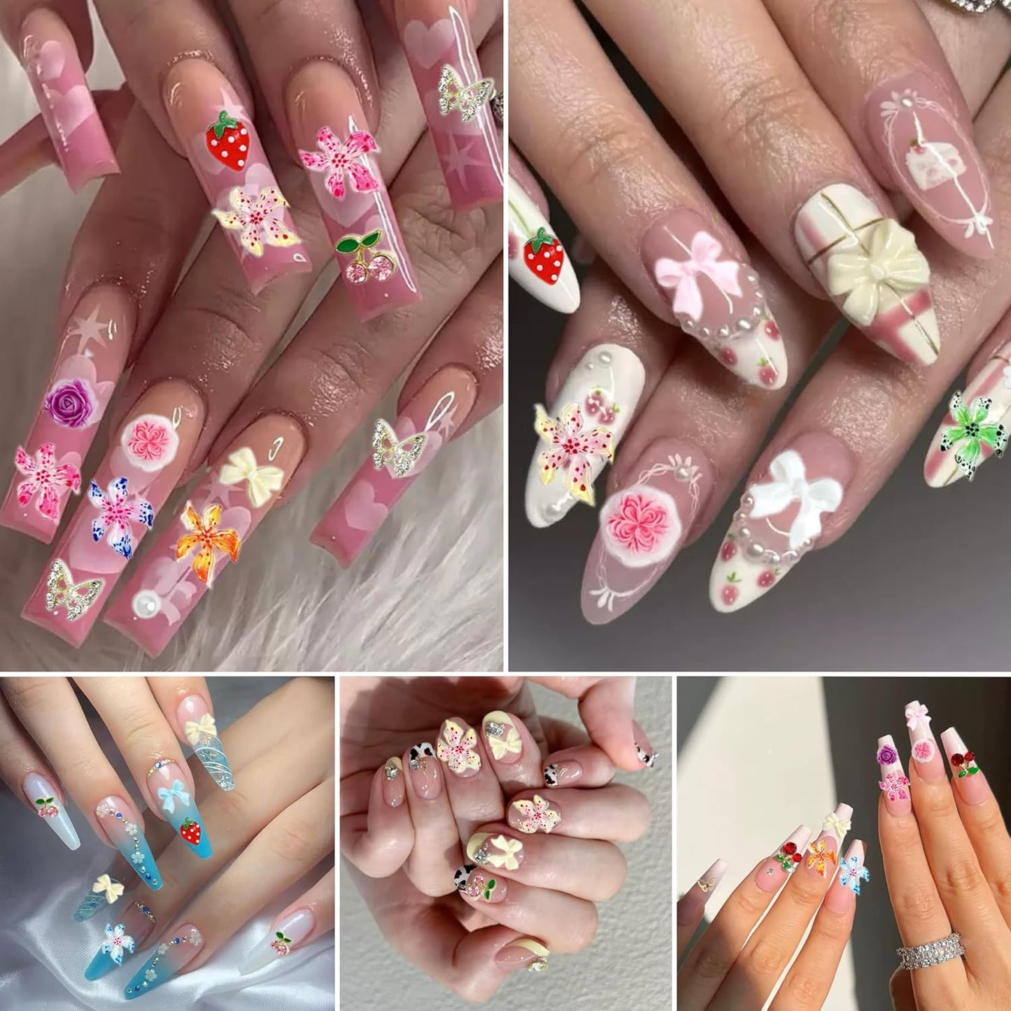 Flower Bow Nail Charms and Gems, 3D Resin Blossom Petals with Caviar Beads Charms for Nails Design,Flatback Pearl Charms Cherry Butterfly Rhinestone Nail Charms for Manicure DIY