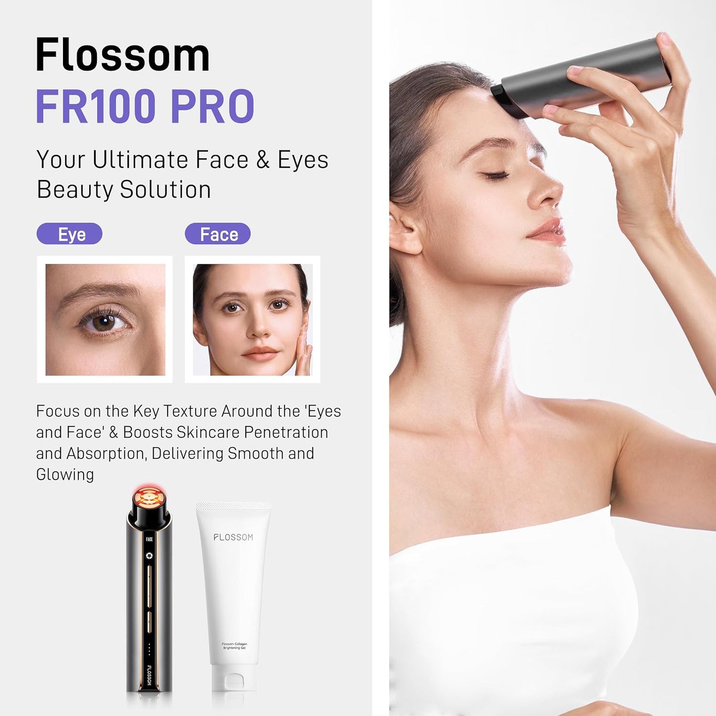 FLOSSOM Facial Toning Device, 3-in-1 Beauty Massager, 5 Intensity Levels Adjustable, Face + Eye 2 Modes for Skin Firming, Smoothing and Absorption Boosting