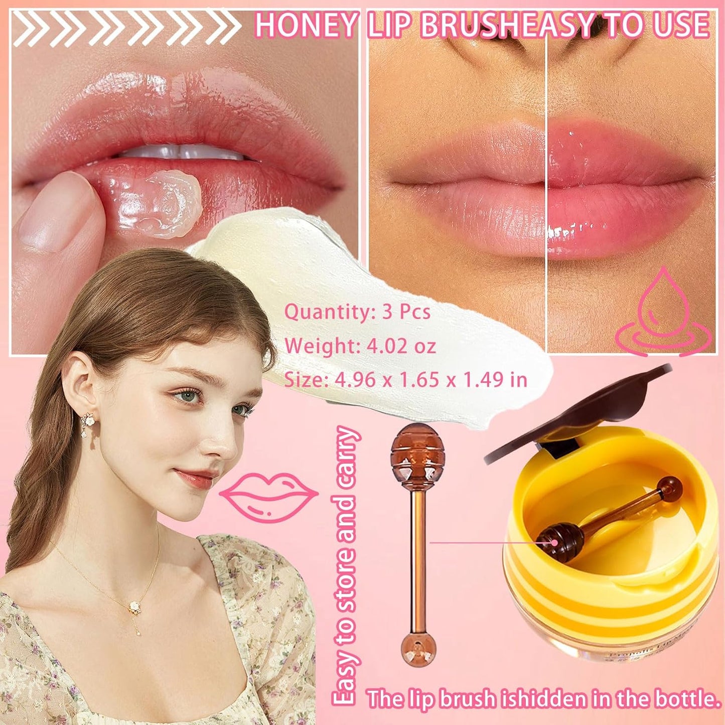 2PCS Bee Lip Balm,Hydrating Honey Pot Lip Balm with Stick,Non-Greasy Silky Sleeping Lip Mask Set,Long Lasting Lip Scrubs Moisturizer for Dry Cracked Lips(Honey +Strawberry)