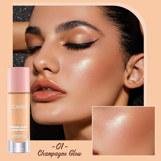 UCANBE Halo Glow Liquid Filter, Face Complexion Booster For Radiant Skin All Day Longwear, Soft-Focus Look Sodium Hyaluronate Vegan & Cruelty-Free - 0.91OZ Champagne Glow
