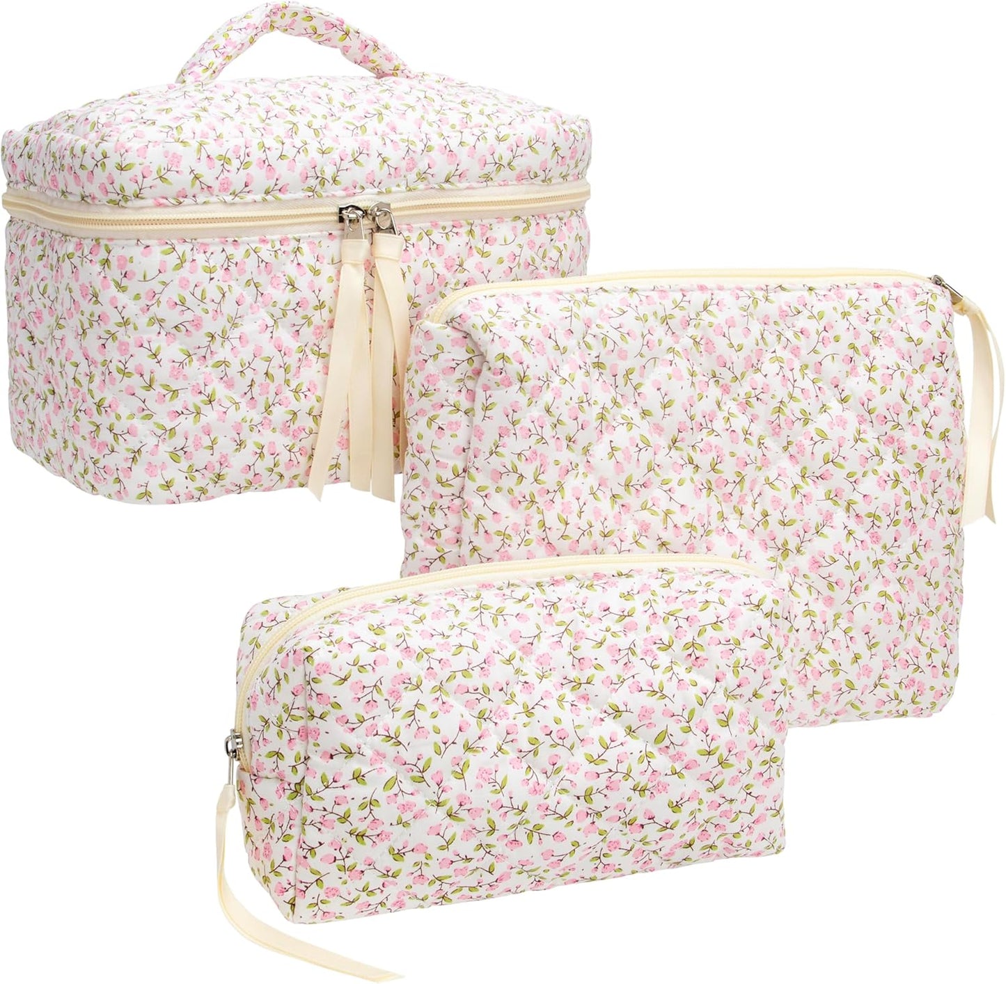 3PCS Makeup Bag SET Large Travel Quilted Zipper Soft Cosmetic Case Pouch for Women Girls Make Up,Floral Pink