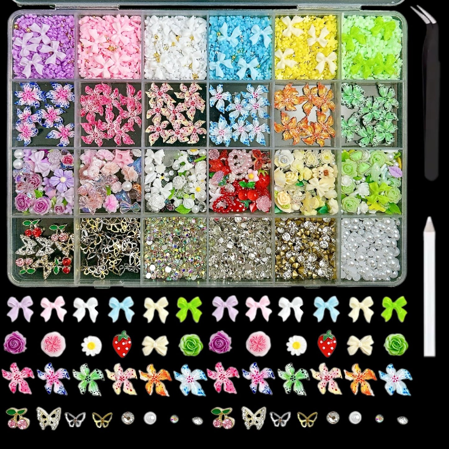 Flower Bow Nail Charms and Gems, 3D Resin Blossom Petals with Caviar Beads Charms for Nails Design,Flatback Pearl Charms Cherry Butterfly Rhinestone Nail Charms for Manicure DIY