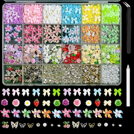 Flower Bow Nail Charms and Gems, 3D Resin Blossom Petals with Caviar Beads Charms for Nails Design,Flatback Pearl Charms Cherry Butterfly Rhinestone Nail Charms for Manicure DIY