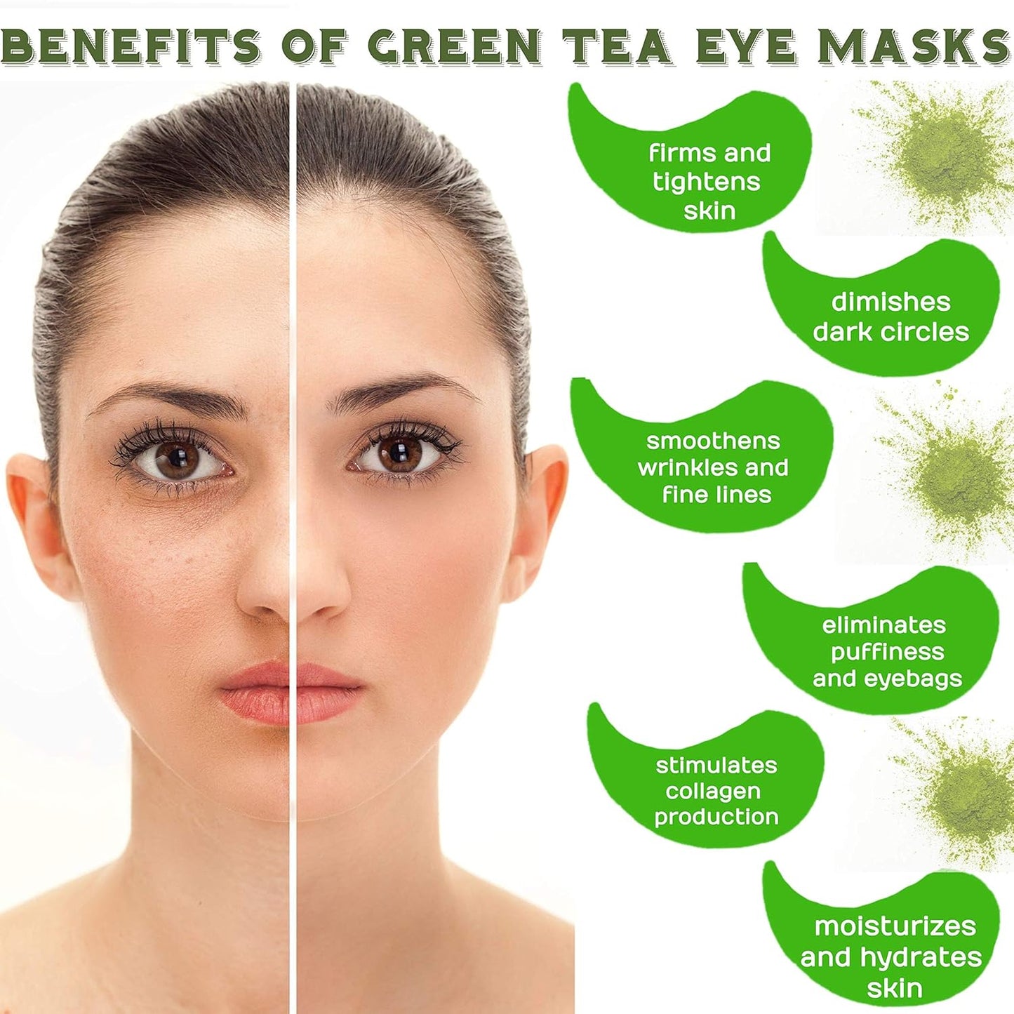 Green Tea Matcha Eye Mask Under Eye Patches Treatment for Dark Circles, Eye Bags, Puffiness - Anti-Wrinkle With Hyaluronic Acid and Collagen - 30 Pairs/60 Pcs.