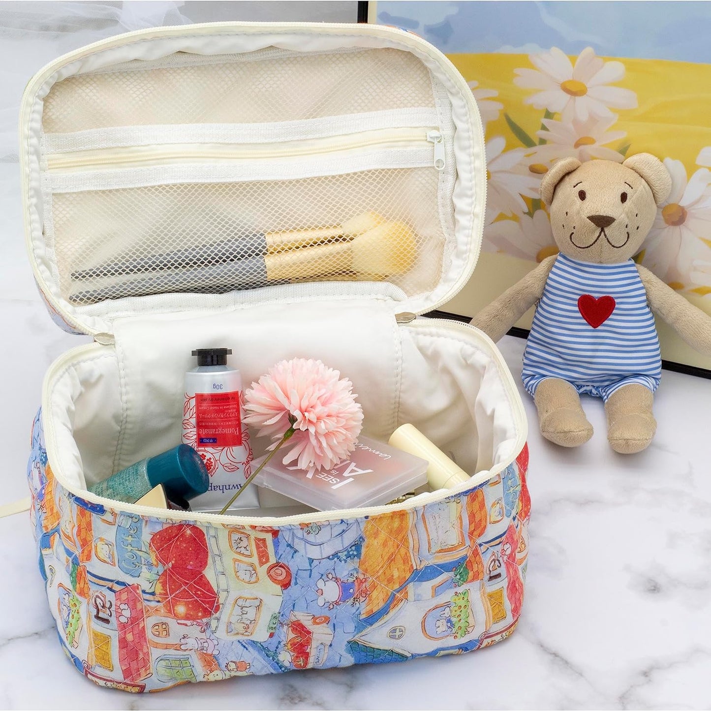 PAZIMIIK 3PCS Makeup Bag SET Large Travel Quilted Zipper Soft Cosmetic Case Pouch for Women Girls Make Up,Little Bunny