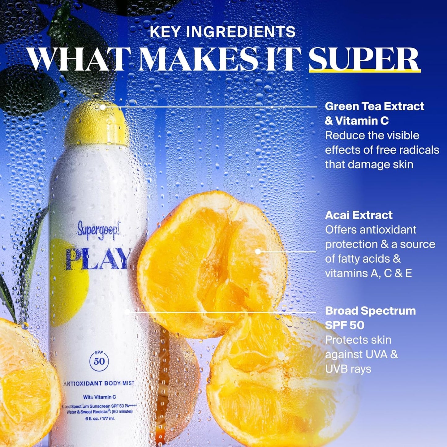 Supergoop! PLAY Antioxidant Body Mist w/Vitamin C - 6 fl oz - SPF 50 PA++++ Broad Spectrum Sunscreen - Body Spray - Great for Active Days
