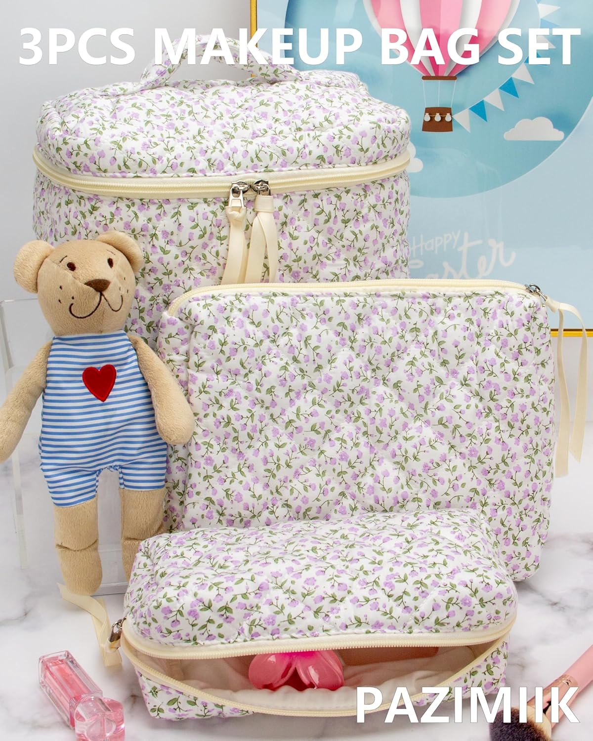 PAZIMIIK 3PCS Makeup Bag SET Large Travel Quilted Zipper Soft Cosmetic Case Pouch for Women Girls Make Up,Floral Purple