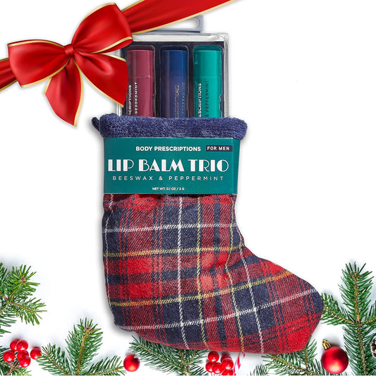 Body Prescriptions Lip Balm Trio for Men - Beeswax and Peppermint | Christmas Stocking Present Set | Nourishing and Moisturizing Formula | Protect and Hydrate Dry Lips | Great Holiday Present for Him