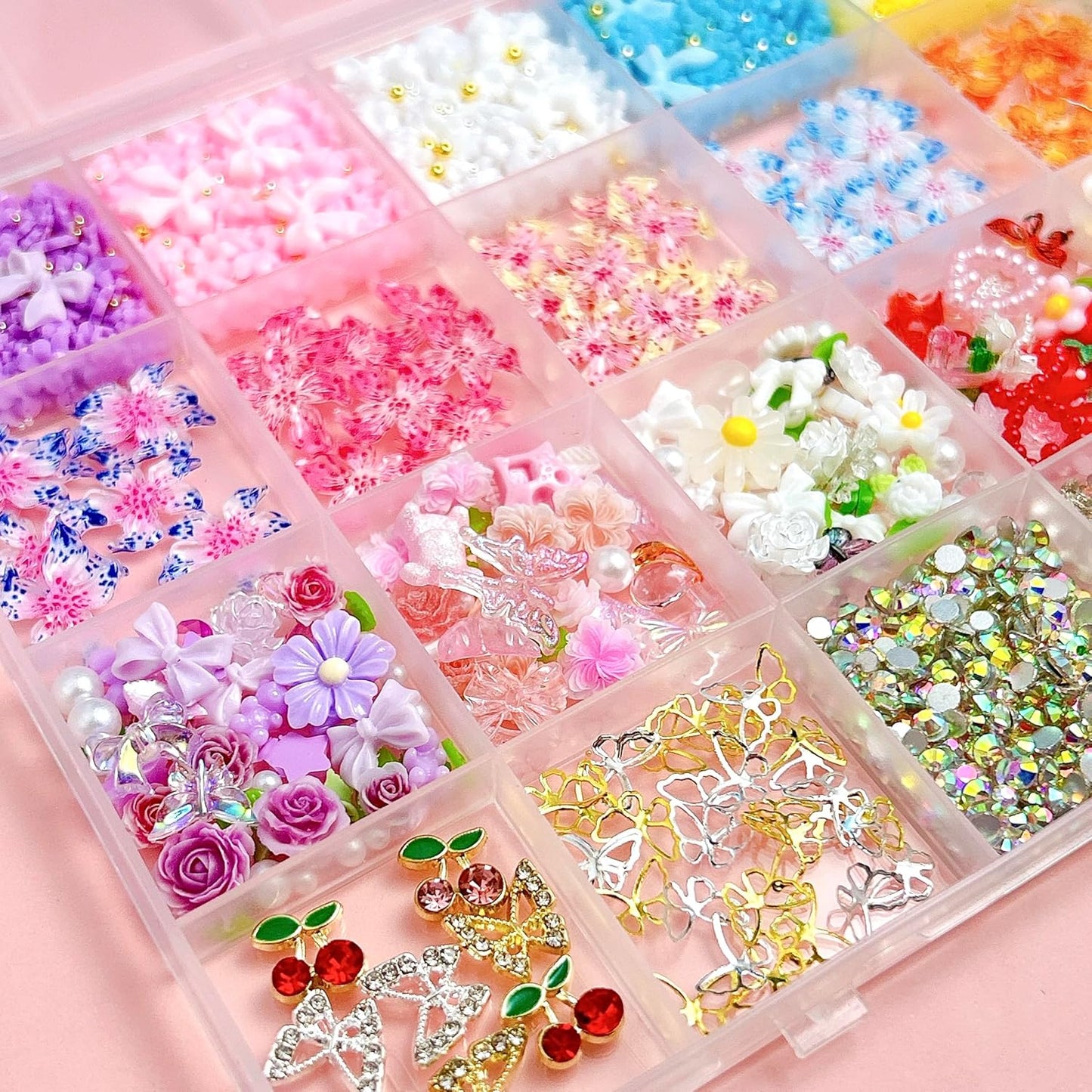 Flower Bow Nail Charms and Gems, 3D Resin Blossom Petals with Caviar Beads Charms for Nails Design,Flatback Pearl Charms Cherry Butterfly Rhinestone Nail Charms for Manicure DIY