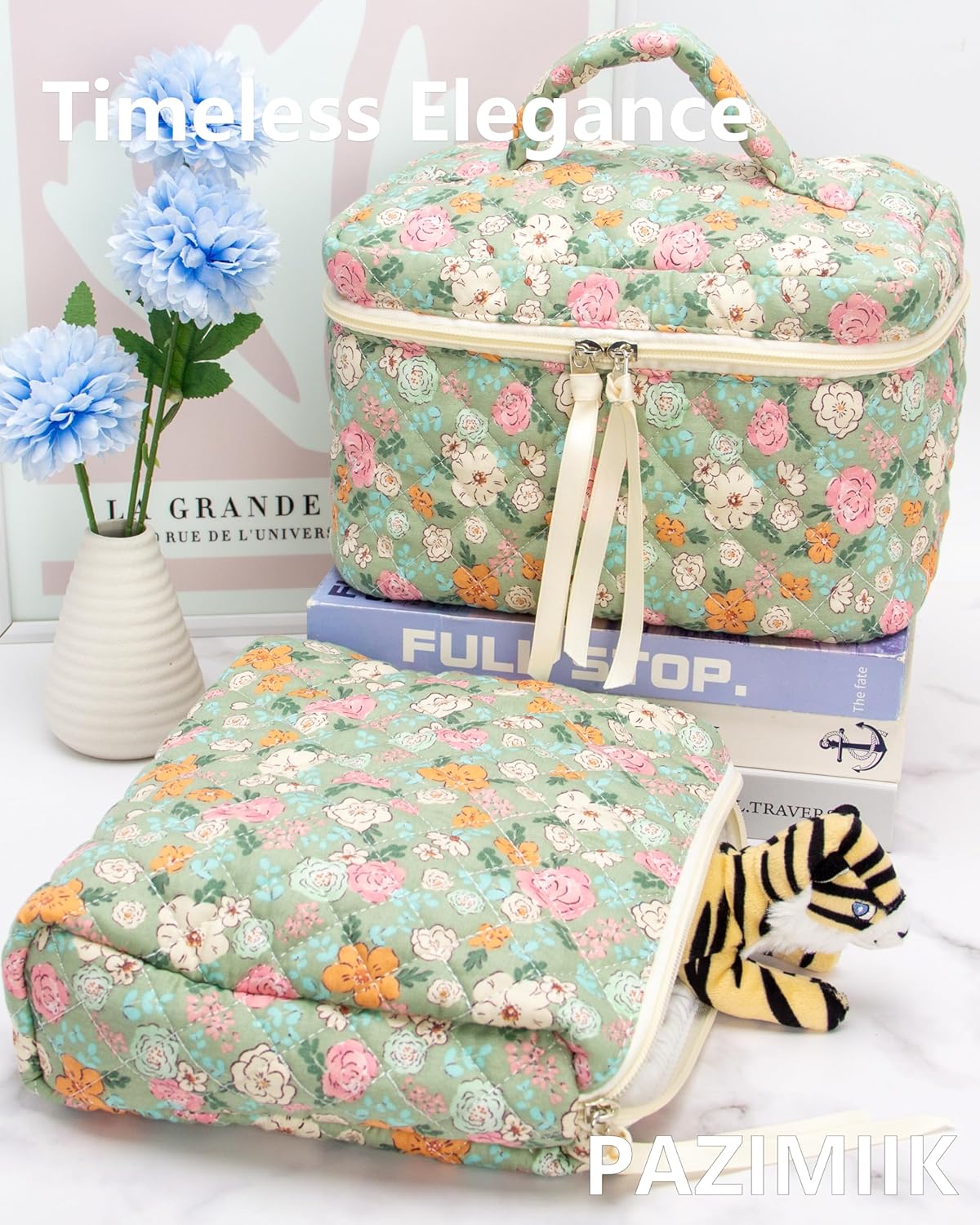 PAZIMIIK Quilted Makeup Bag Large Travel Zipper Soft Cosmetic Case for Women Girls Make Up,Green Flower