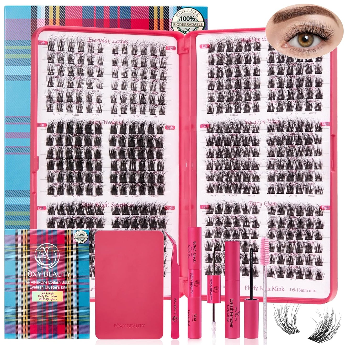 Lash Clusters Kit - 0.05mm Lash Clusters Natural & Fluffy Lash Extension Kit 432Pcs Biodegradable Eyelash Clusters with Bond Seal Starter Kit, Cruelty Free Eyelashes Lightweight Reusable