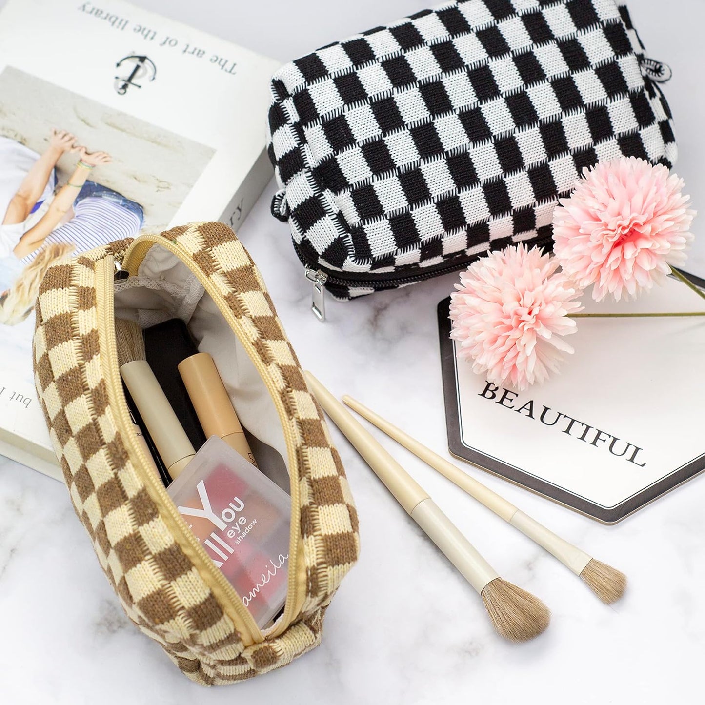 PAZIMIIK Checkered Makeup Bag for Purse Portable Zipper Make Up Pouch Small Cosmetic Case for Travel Accessories (Coffee)