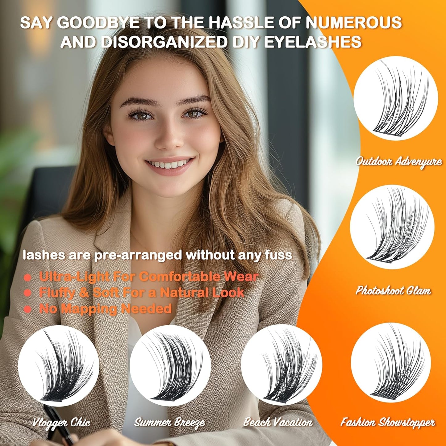 Fluffy Lash Clusters - 360Pcs Natural 0.05D Eyelash Clusters, Left & Right Eyelashes, Urtra Lightweight Cat Eye Clusters for Starter DIY at Home(Eyelashes Only)