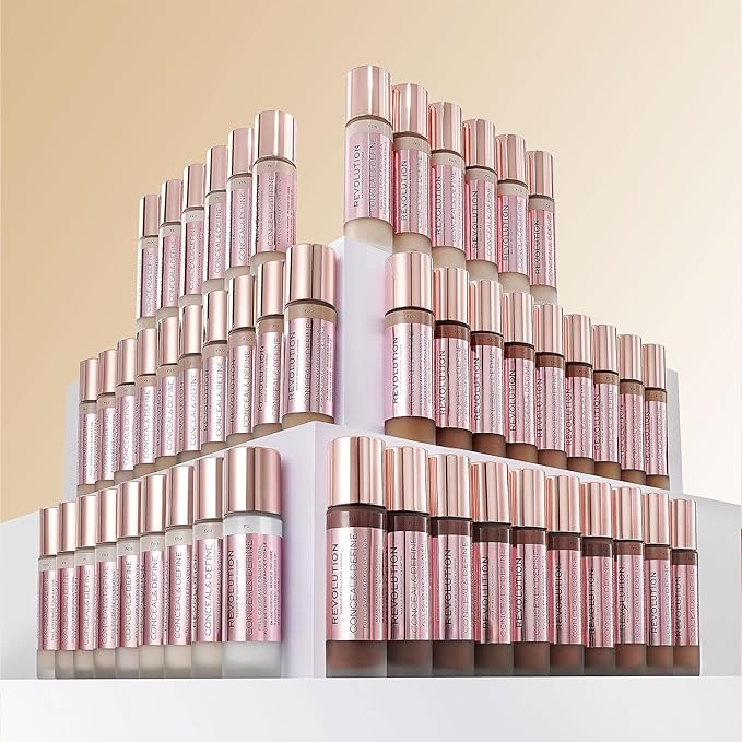 Revolution Beauty, Conceal & Define Foundation, Full Coverage, Long-Lasting Matte Finish, Vegan & Cruelty Free, F7 Medium Skin Tones, 0.8 Fl.Oz.