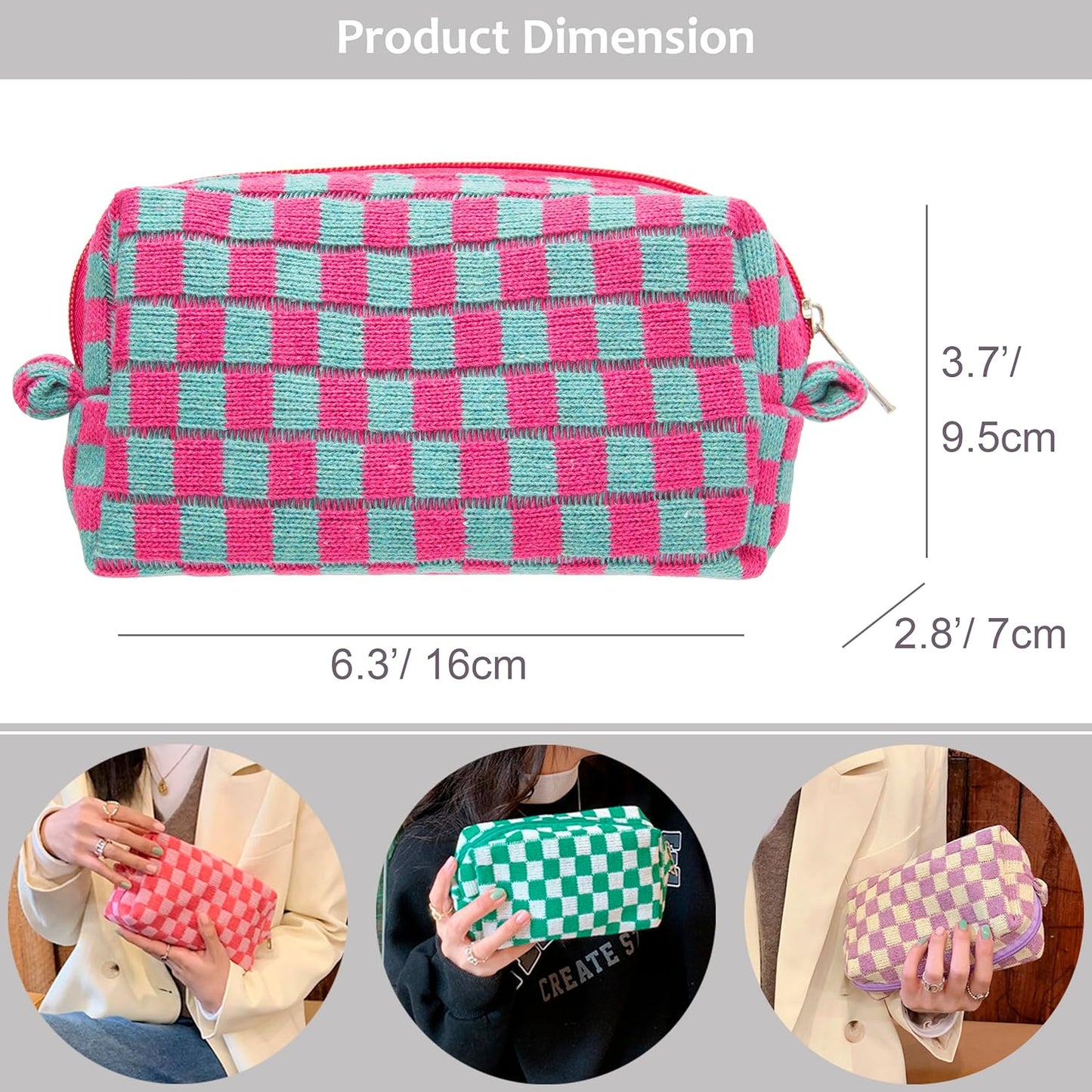 PAZIMIIK Checkered Makeup Bag for Purse Portable Zipper Make Up Pouch Small Cosmetic Case for Travel Accessories (6PCS Magenta Green)