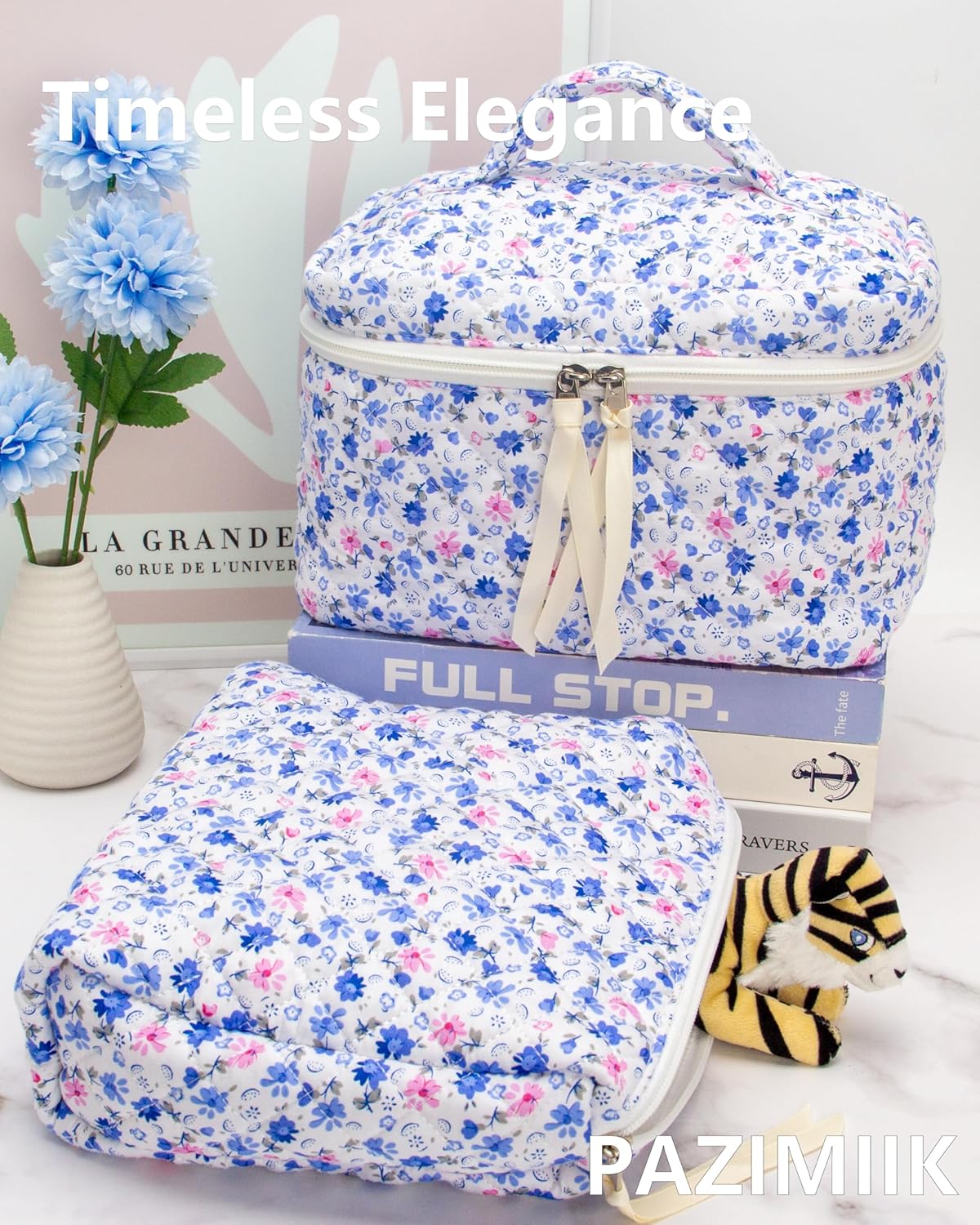 PAZIMIIK Quilted Makeup Bag Large Travel Zipper Soft Cosmetic Case for Women Girls Make Up,Floral Blue