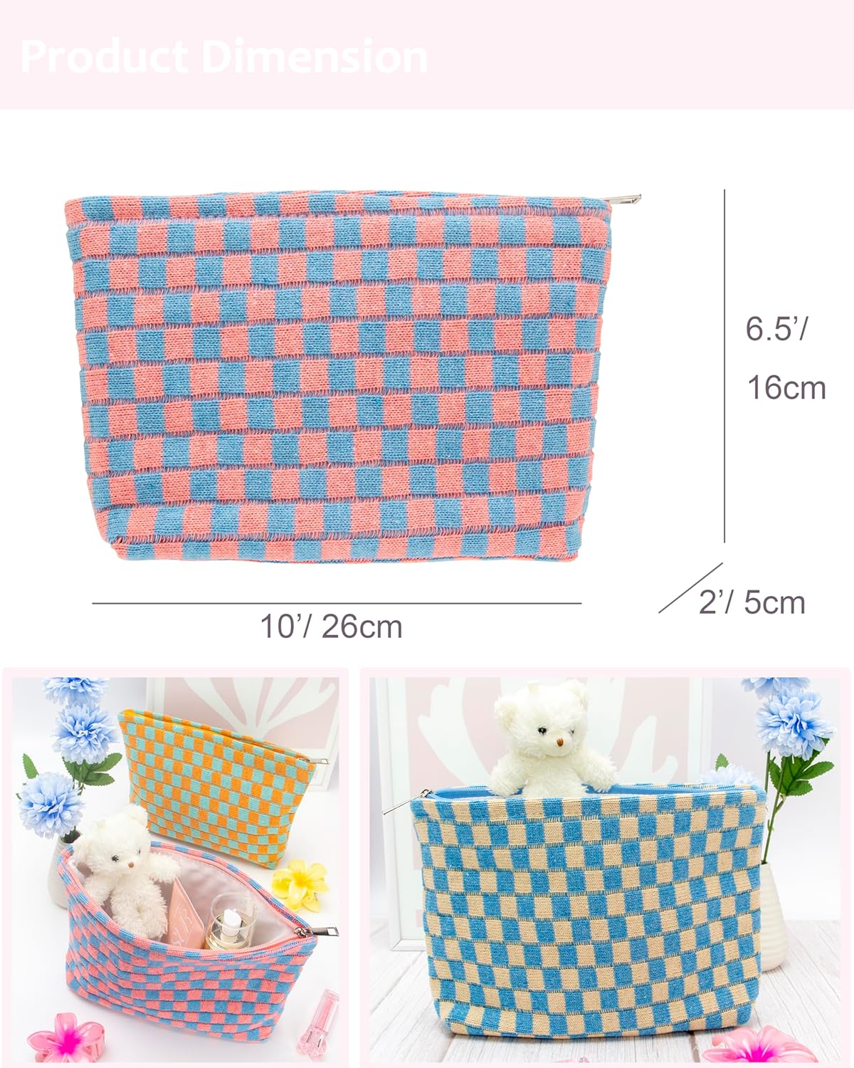 PAZIMIIK Knitted Checkered Makeup Bag Large Zipper Make Up Accessory Pouch for Purse Cosmetic Brush Bag for Travel Red Blue