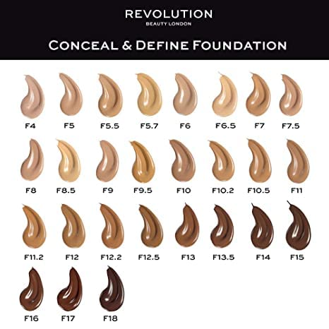Makeup Revolution Conceal & Define Foundation, Cream Foundation Makeup, Full Coverage, For Light/Medium Skin Tones, Vegan & Cruelty-Free, F8, 23ml