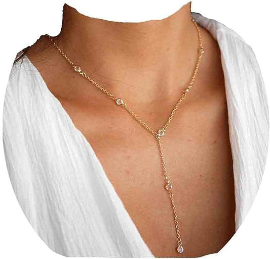 Boho Crystal Y Necklace Gold Moonstone Y Lariat Necklace Minimalist Pendant Chain Necklace Jewelry for Women