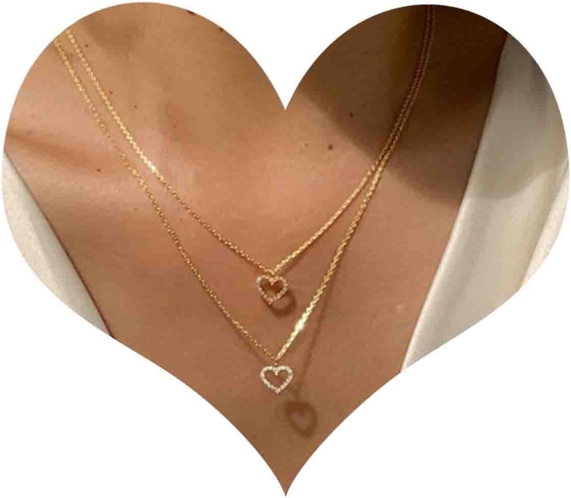 Boho Layered Heart Choker Necklace Crystal Heart Pendant Necklace Gold Double Heart Necklace Cz Open Heart Necklace Chain Jewelry for Women