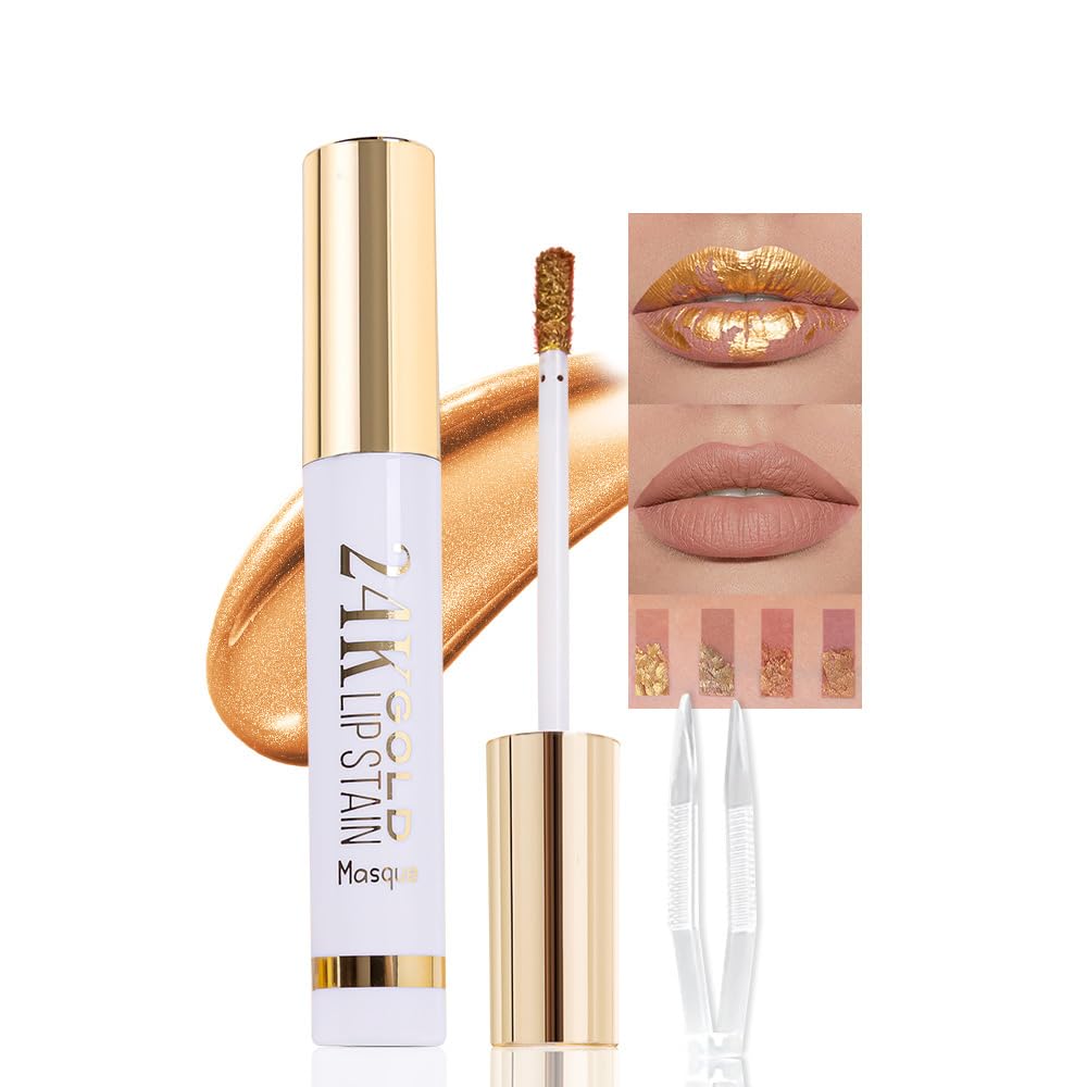2025 New 24K Gold Liquid Lip Gloss Peel Off Lip Stain Tattoo with Tweezer, Light Brown Lips Stain Peel Off Masque, Long Lasting Waterproof Lip Tint Stain, Transfer-proof for All Skin Types 01#