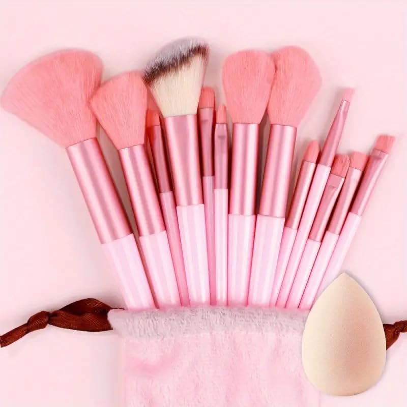 Foundation Makeup Brush Set Kit | 13 Pcs Premium Synthetic Kabuki Eye Shadows Make Up Brushes + 1 Sponge + 1 Brush Bag for Travel and Home Use (PINK)