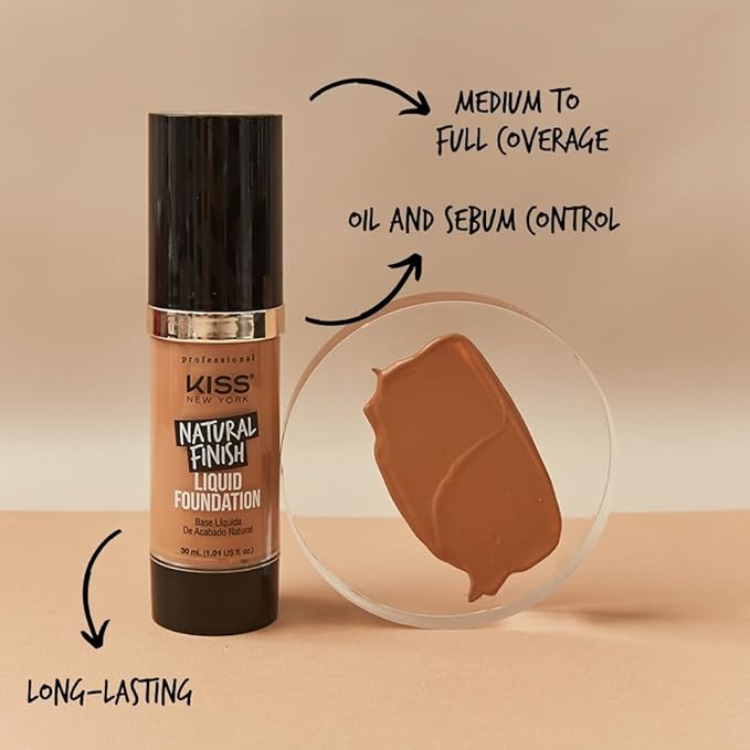 Kiss New York Professional Liquid Foundation - Lightweight and Hydrating Formula, Natural Finish, Control Shine, Cover Pores, Medium to Full Coverage, Green Tea Extract (Chestnut)