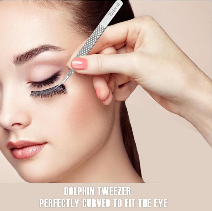 Lash Tweezers - Set of 5 Diamond Grip Eyelash Tweezers - Stainless Steel Professional Fiber Tip Lash Tweezer for Eyelash Extensions (Silver)