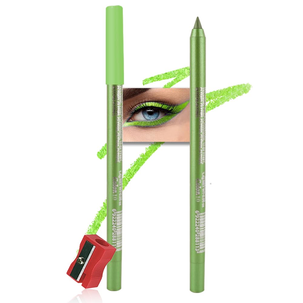 evpct Green Glitter Eyeliner Pencil for Eyes, Apple Avocado Green Metallic Shimmer Eye Liner Pencil Makeup Waterproof Smudge Proof, Colored Gel Waterline Eyeliner Face Eye Paint Stick Halloween Makeup