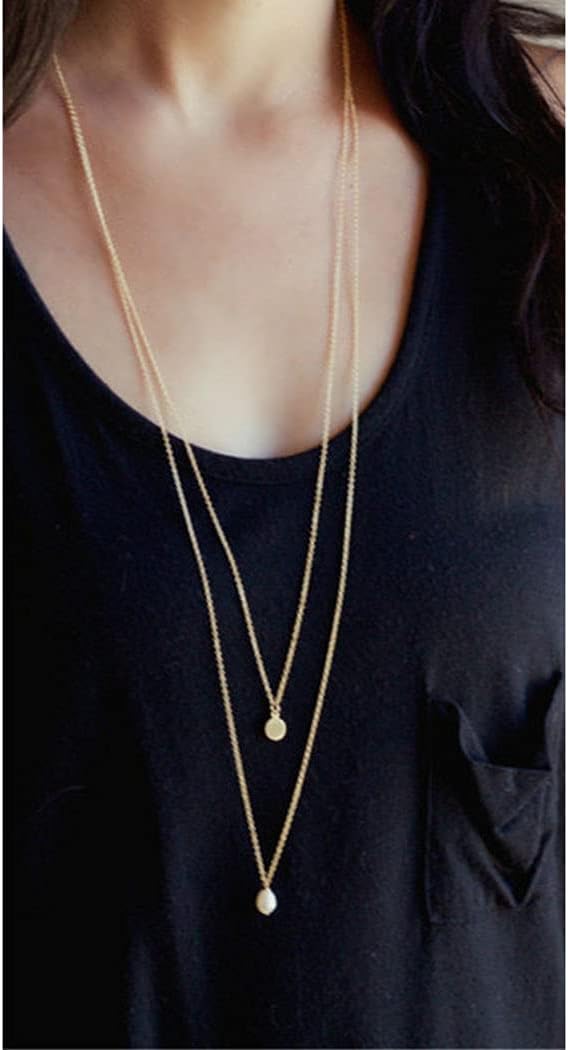 Long Layered Necklace Delicate Coin Pearl Pendant Necklace Gold Chain Jewelry for Women