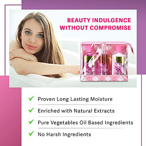 Bath & Body Care Travel Set Pea Flower Scent Home Spa Set with Body Lotion, Shower Gel and Fragrance Mist, Christmas Gifts for Her and Him