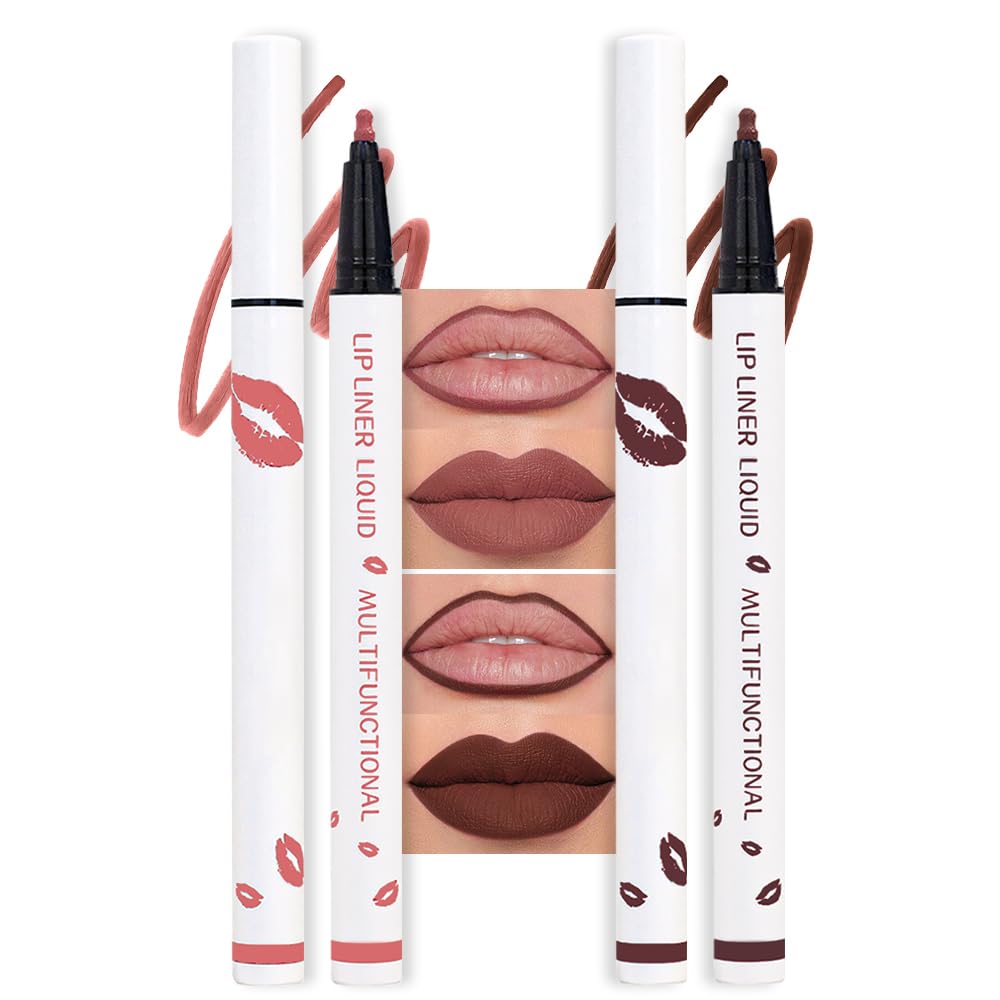 2Pcs Longwear Liquid Lip Liner Stain Marker Pen Set Long Lasting Waterproof, Maroon Dark Red Brown Dusty Mauve Matte 24 Hour Lip Liner and Lipstick Combo, Color Stay Lipliner, Lips Stain peel off