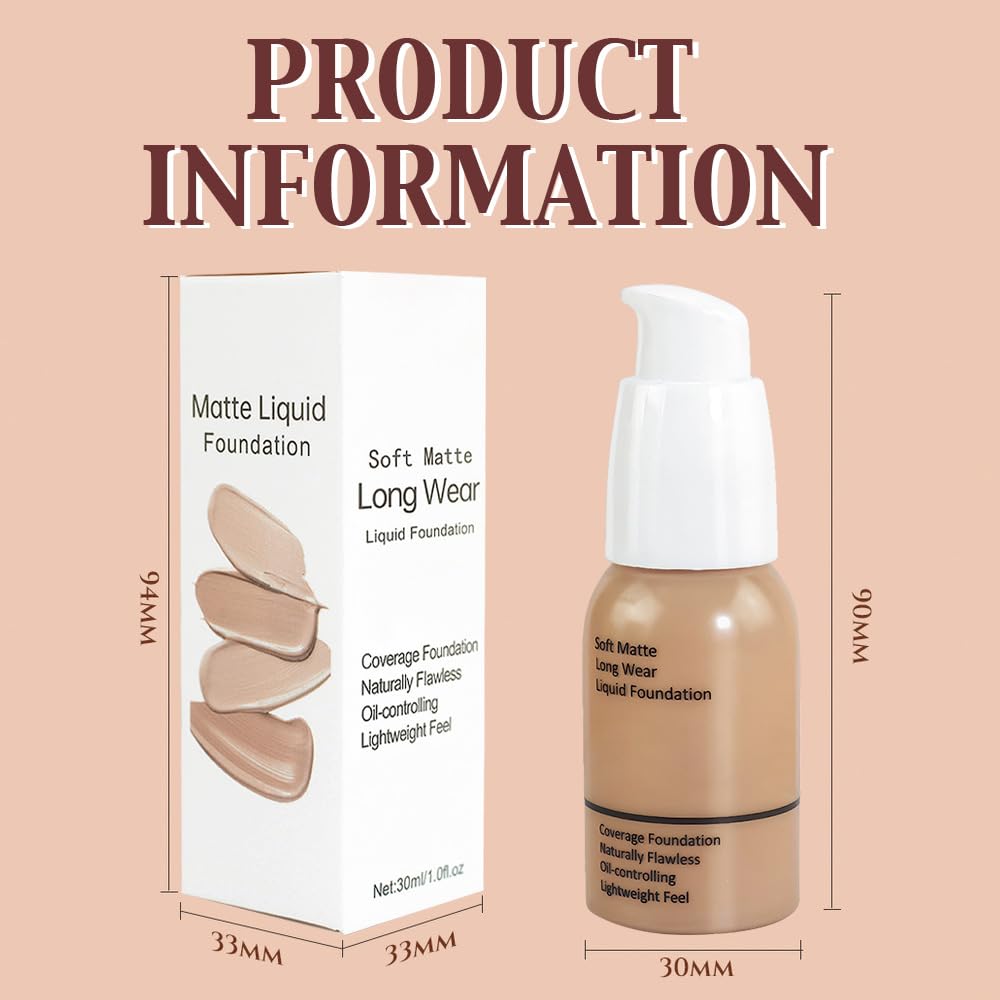 Matte Liquid Full Coverage Foundation, Flawless Soft Matte 24HR Oil Control Full Coverage Foundation Makeup for Women, Long-Lasting Waterproof Full Coverage, 03# Buff Beige (03, Pack of 1)
