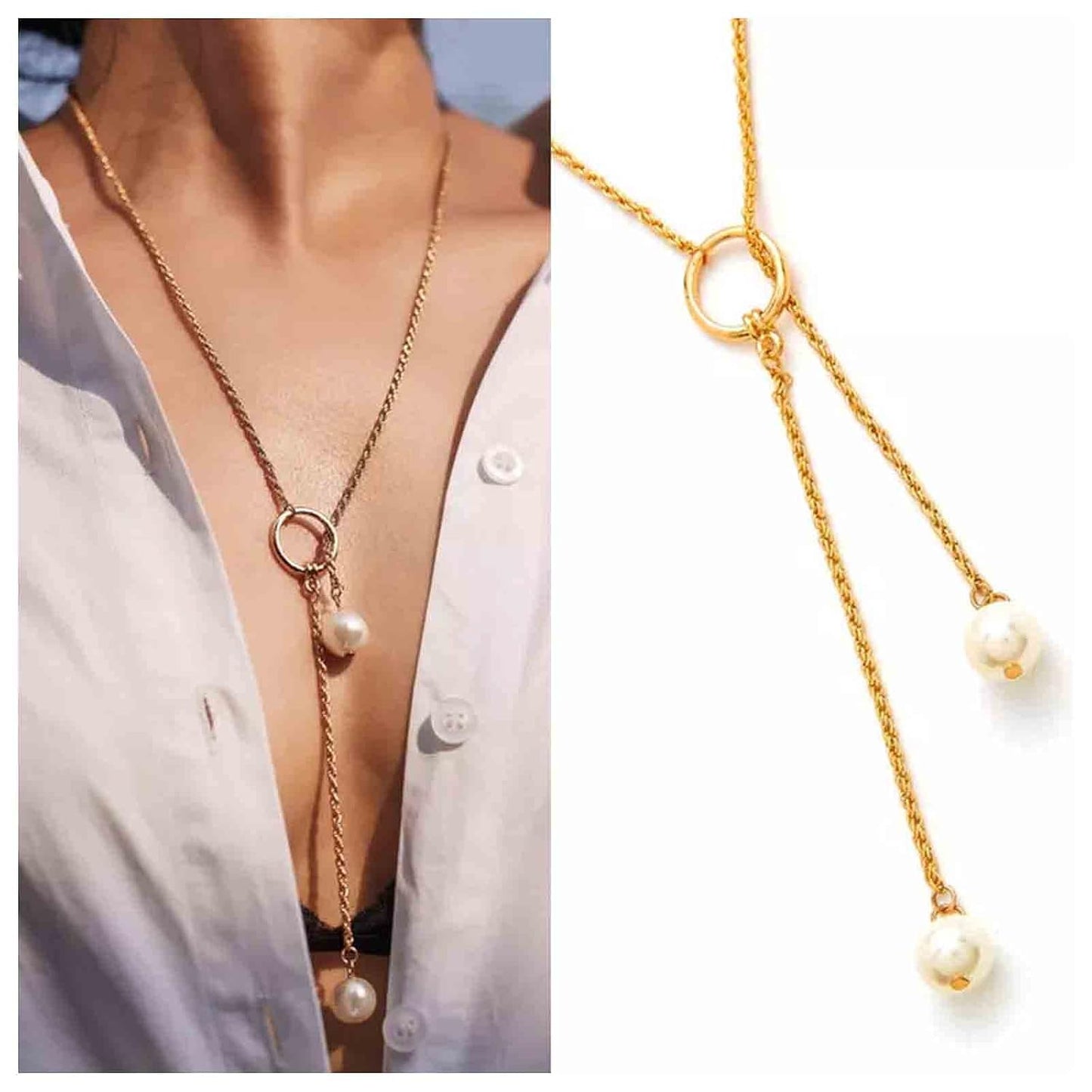 Boho Pearl Lariat Necklace Gold Chunky Chain Y Necklace Pearl Tassel Necklace Long Necklaces for Women and Girls Prom Bridal Necklace Jewelry