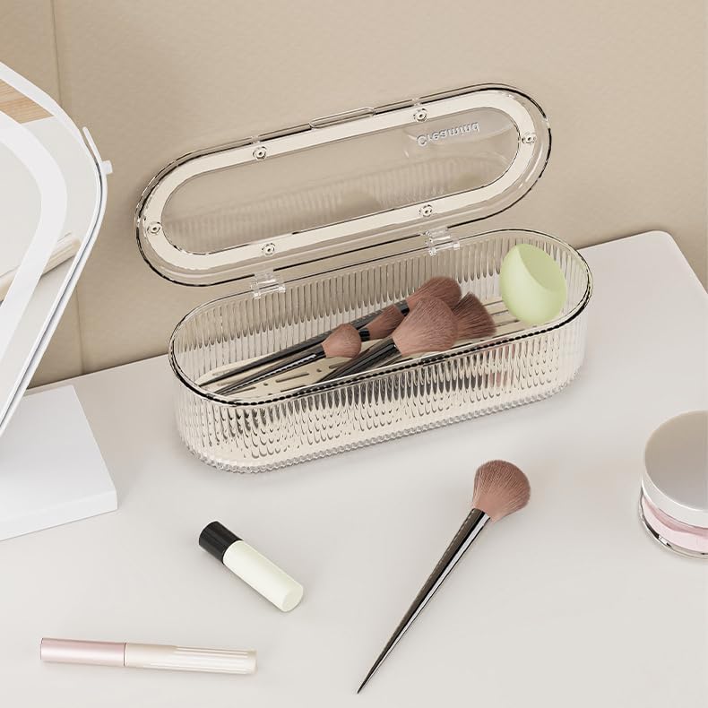 Makeup Brush Holder Organizer, Clear Acrylic Makeup Sponges Organizer, Cosmetic Storage Case with Lid, Display Case for Vanity