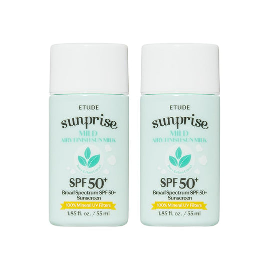 ETUDE Sunprise Mild Airy Finish Sun Milk Duo Set (55ml*2) SPF50+ / PA++++ | Sebum-free, Non-Sticky, Long Lasting Protection, 100% Mineral Based Korean Sunscreen, Korean Skin Care, Pefect for Gift