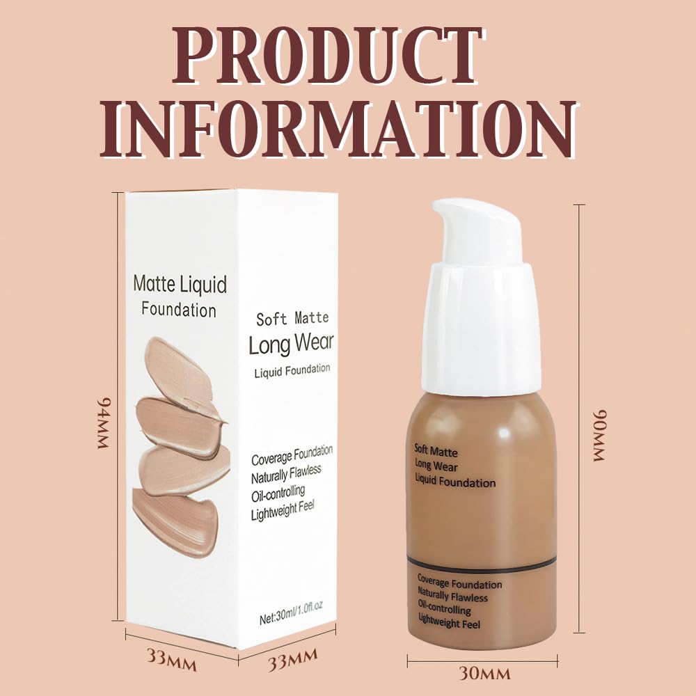 Matte Liquid Full Coverage Foundation, Flawless Soft Matte 24HR Oil Control Full Coverage Foundation Makeup for Women, Long-Lasting Waterproof Full Coverage, 04#Warm Sun (04, Pack of 1)