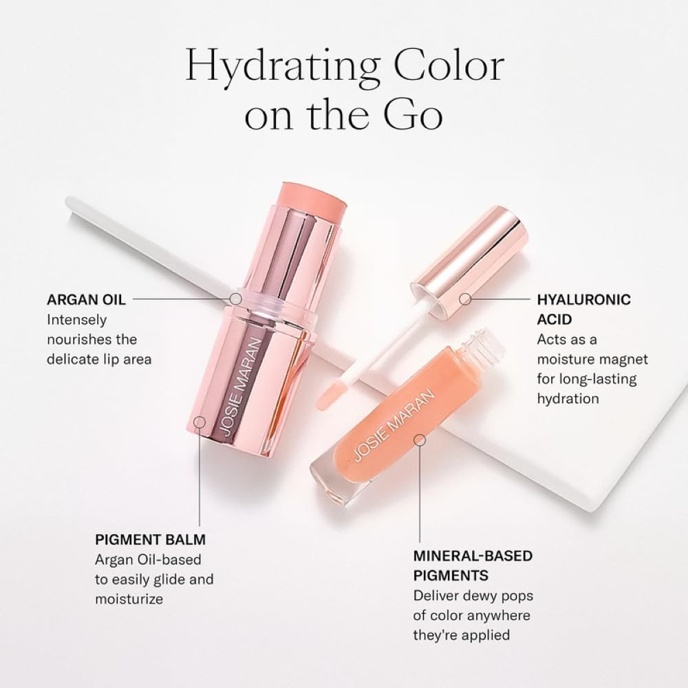 Josie Maran Color Stick & Lip Gloss Makeup Set - Argan Oil-Based Makeup Balm for Lips, Cheeks & Eyes + Hyaluronic Acid Infused Plumping Lip Gloss (2 Piece Set)