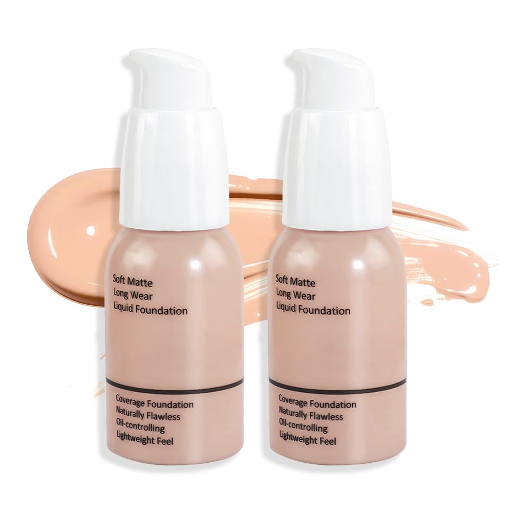 2Pcs Matte Liquid Full Coverage Foundation, Flawless Soft Matte 24HR Oil Control Full Coverage Foundation Makeup for Women, Long-Lasting Waterproof Full Coverage, 02# Warm Peach (02+02, Pack of 2)