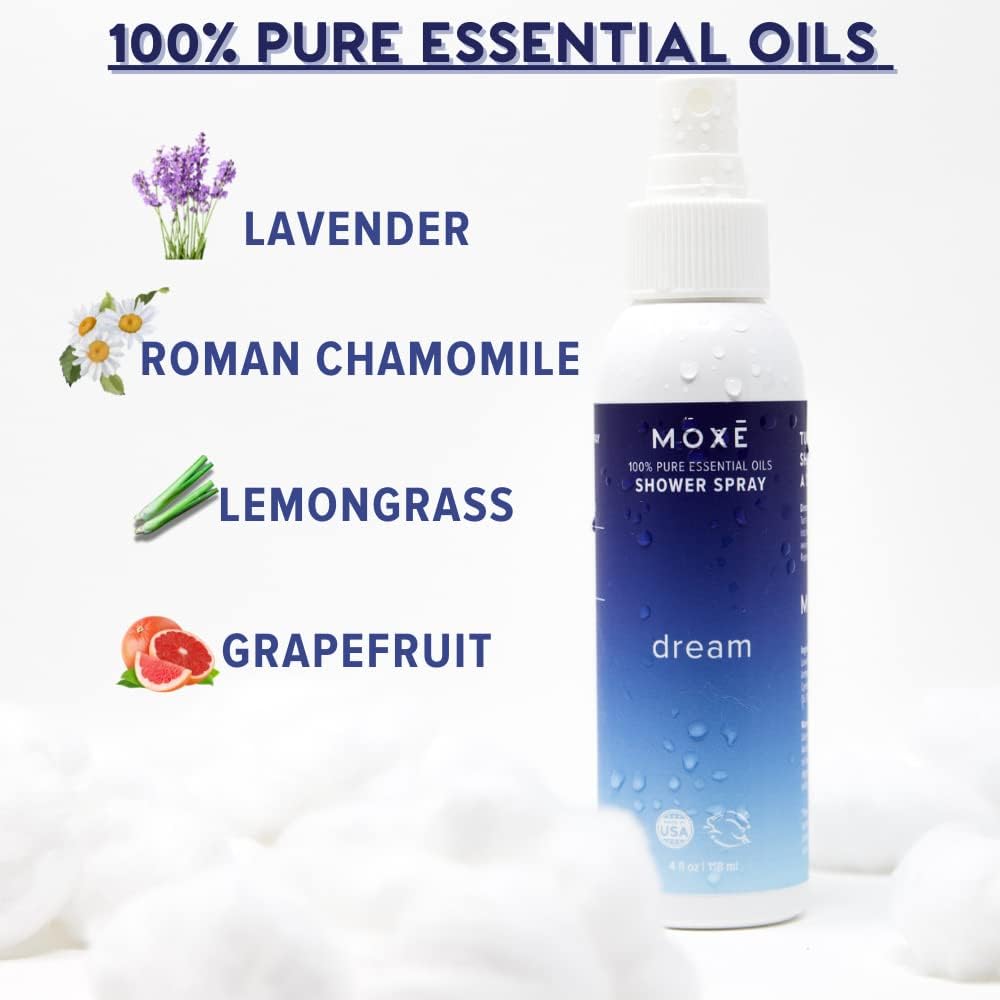MOXĒ Dream Lavender & Chamomile Shower Mist, Spa Steam Spray, Certified Natural Essential Oils, Aromatherapy, Tension Relief, USA Made, 4 Ounces