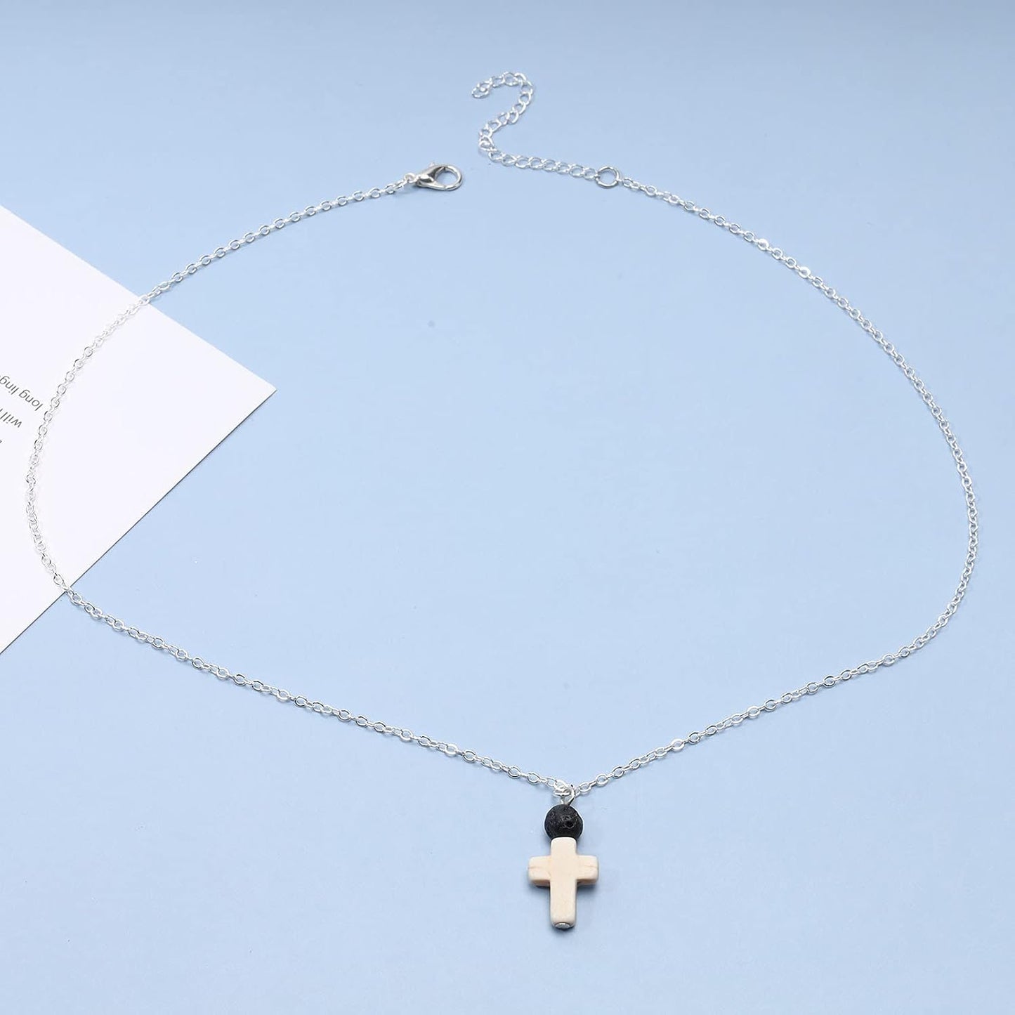 Boho Cross Pendant Necklace Black Lava Bead Choker Necklace Silver Chain Necklace Minimalist Everyday Necklace Jewelry for Women and Girls