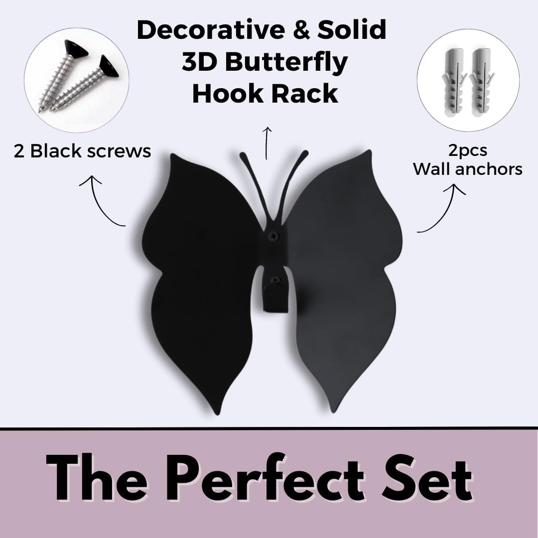 Butterfly 3D Black Butterfly Wall Hooks: Girl’s Bedroom Double-Hook Coat Rack Mount for Hanging Coat,Clothing,Backpacks,Purses,Jewelry,Towels, Girls Room DécorCut-Out Metal 2 Hangers