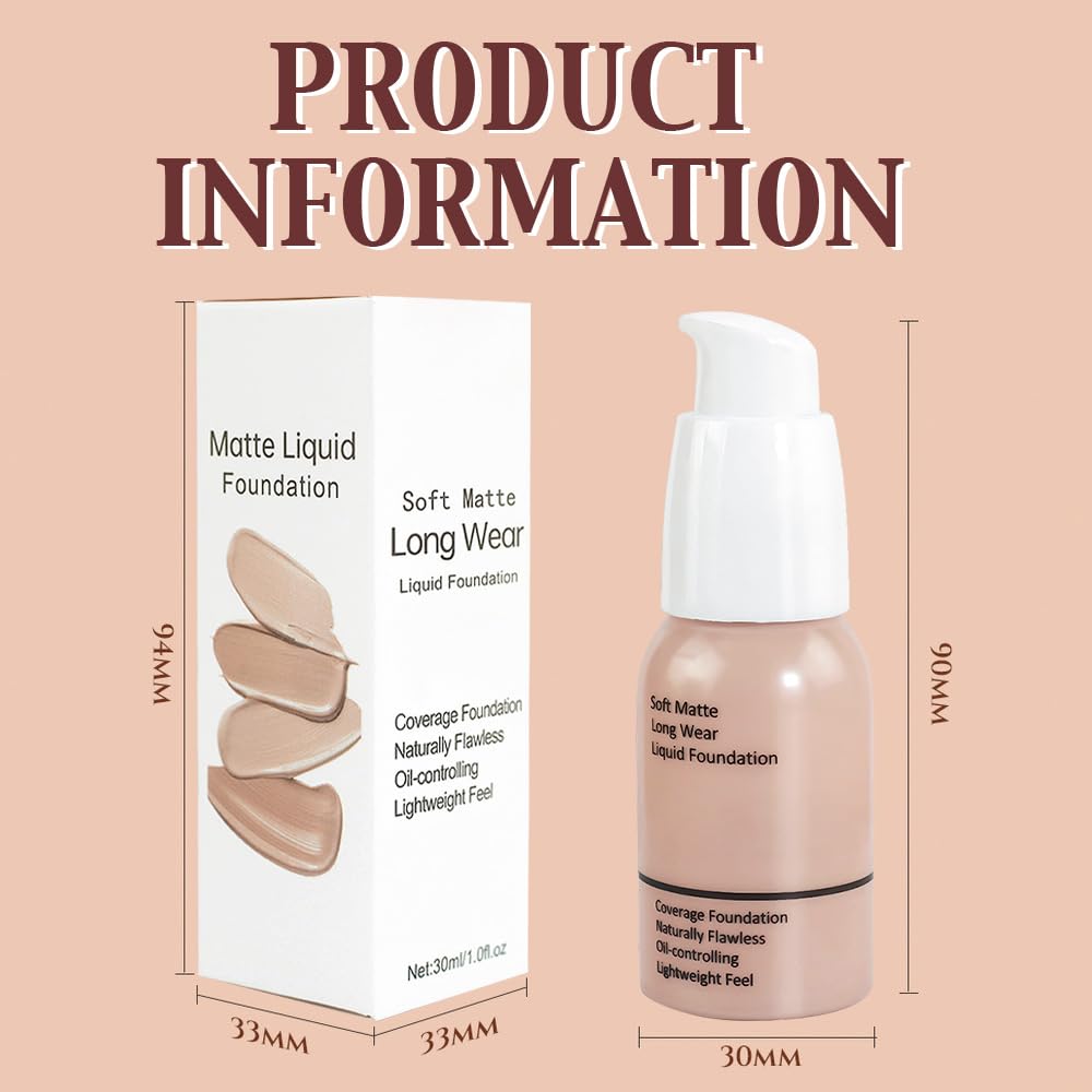 2Pcs Matte Liquid Full Coverage Foundation, Flawless Soft Matte 24HR Oil Control Full Coverage Foundation Makeup for Women, Long-Lasting Waterproof Full Coverage, 02# Warm Peach (02+02, Pack of 2)