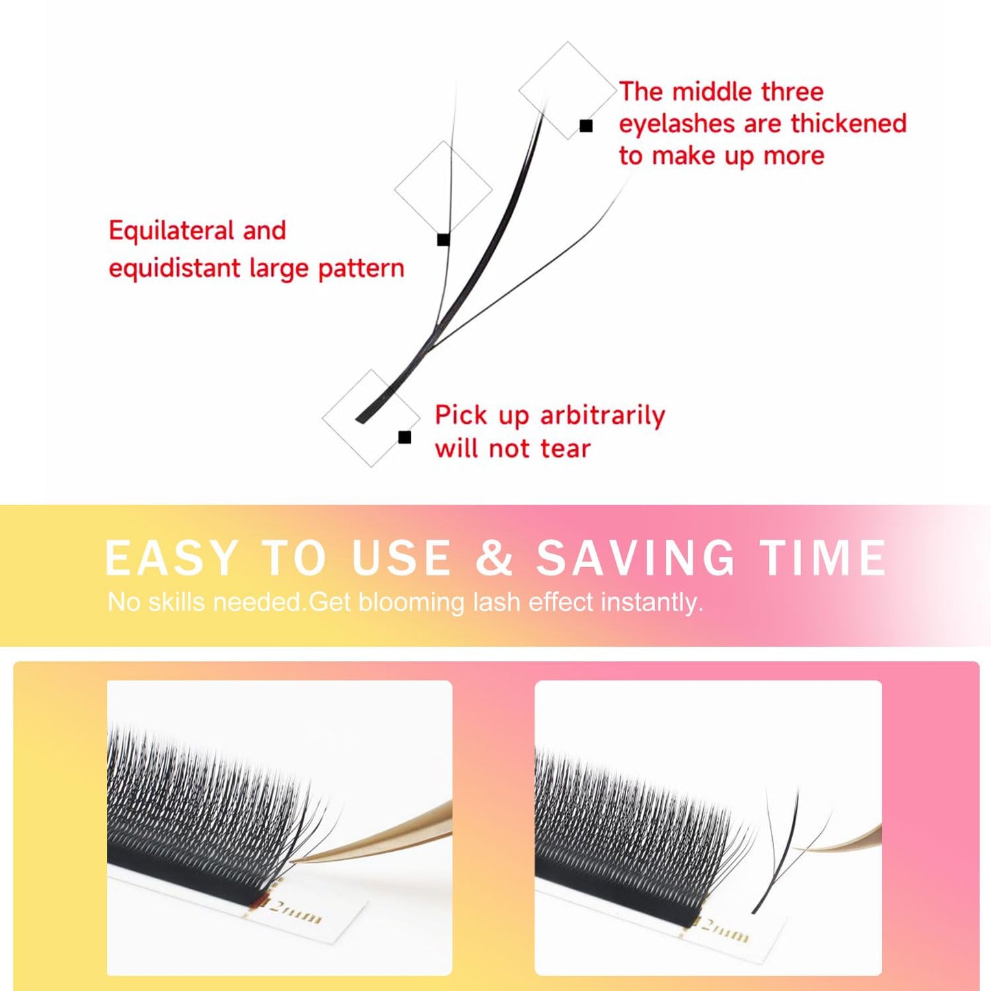 Lash Extensions Three Core Tips 3D Eyelash Extensions W Shape 0.07mm Thickness D Curl Mix 8-15mm Premade Fans Easy Fan Volume Lashes Matte Black Crisscross(W-3D-Three Core-0.07-D,8-15mm Mix)