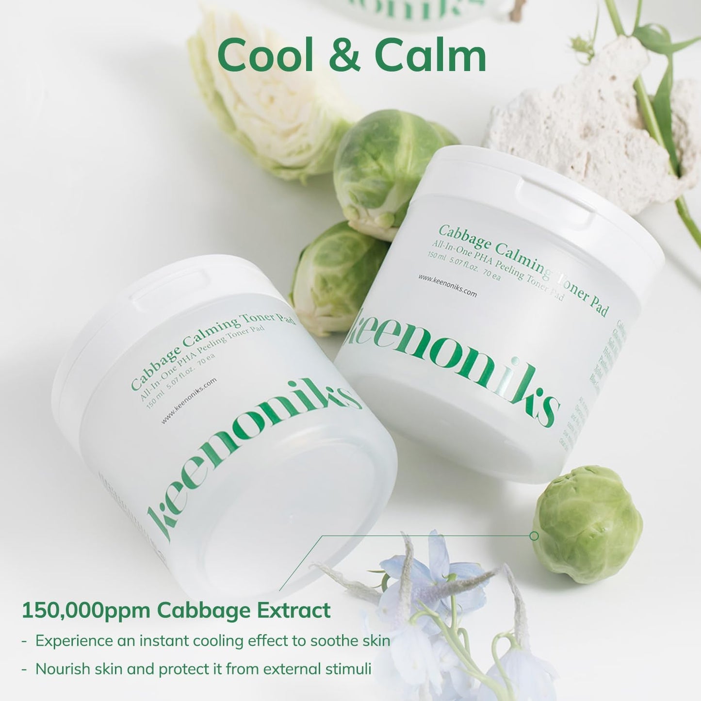 Cabbage Calming Toner Pads – PHA Exfoliating & Cooling Facial Wipes with 150,000ppm Cabbage Extract for Redness Relief & Pore CareㅣKorean Skincareㅣ70 Pads (5.07Oz)