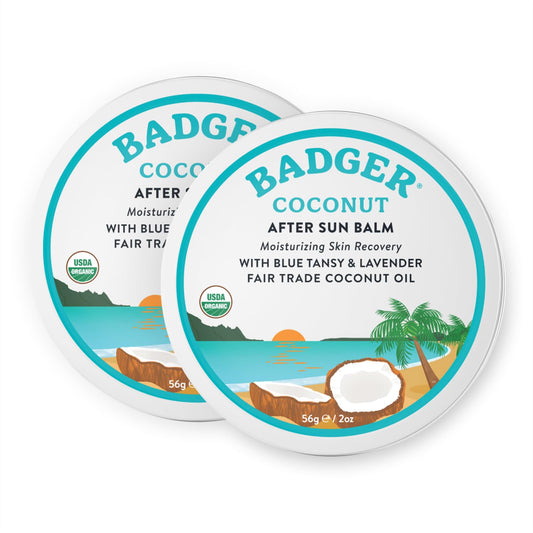 Badger Coconut AfterSun Balm, 100% Organic Soothing Sunburn Relief, Great Smelling, Moisturizing & Hydrating After Sun Skin Care, 2 oz Tin, 2-Pack