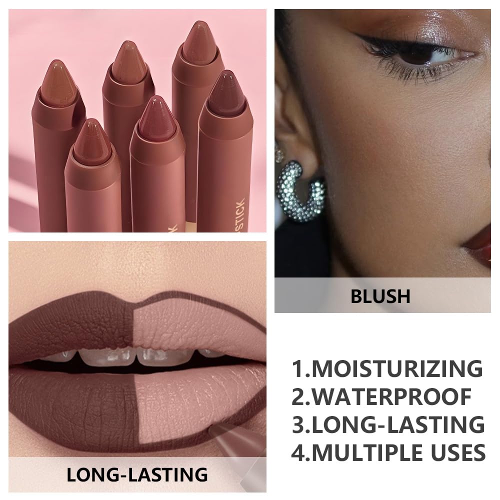 Matte Lipstick Crayon for Women, Dark Brown 24 Hour Lipstick Lip Liner Pencil, Neutral Lip Stick Lipliner Long Lasting Waterproof Smudge Proof, Vegan & Cruelty-Free, 06