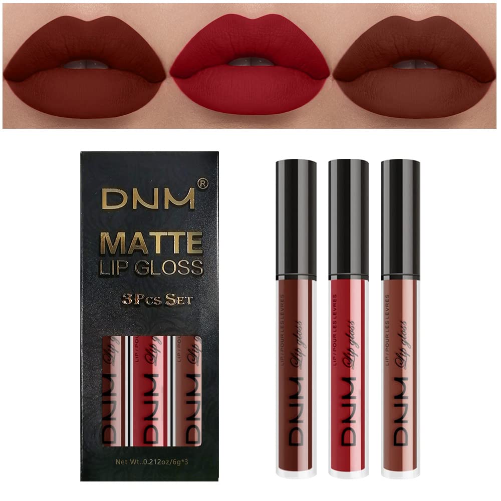 evpct 3Pcs Matte 24-hour Liquid Lipstick Sets, Dark Ruby Brown Red Permanent Stay on Lipstick Lip Set for Black Women Long Lasting 24 Hours Smudge Proof labiales matte labial mate larga duracion 24 02