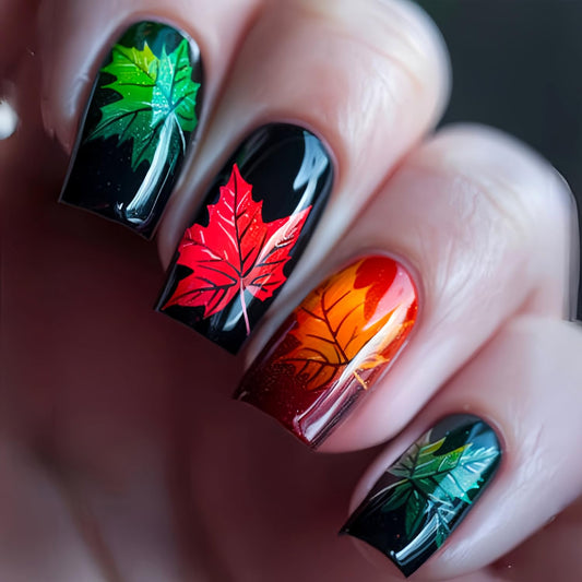 Fall Press on Nails Long Square Thanksgiving Fake Nails for Women Colorful Maple Leaf Acrylic Glue on Nail Autumn Maple Leaves Glossy Artificial Stick on Nail